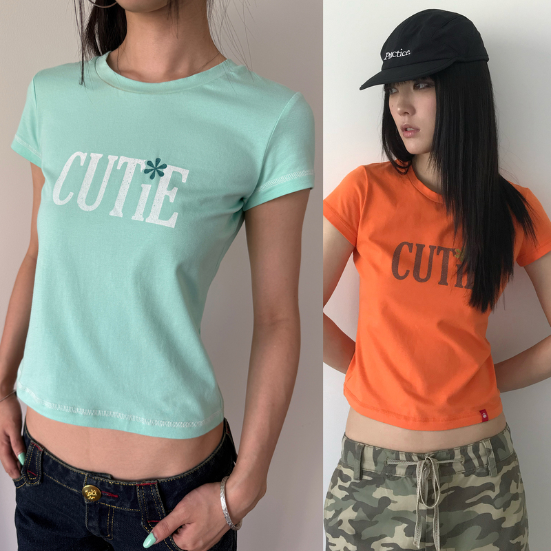 Miko Esst Cutie Retro Print Glitter Shoulder-Baring Short-Sleeve T-Shirt Mint Green/Orange