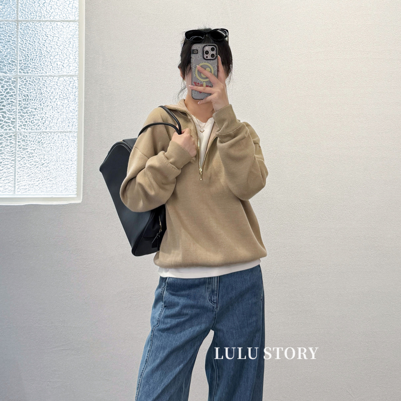 Yidianyuezhen (Brand Name) Same Style Stand-Up Collar Half-Zip Pullover Sweater, 2026 Autumn New Wool Knit Fashion Elegant