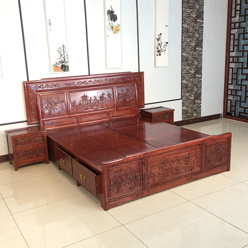 Northern Old Elm Ming Qing Classical New Chinese Sculpture Bird Flower Box Bed