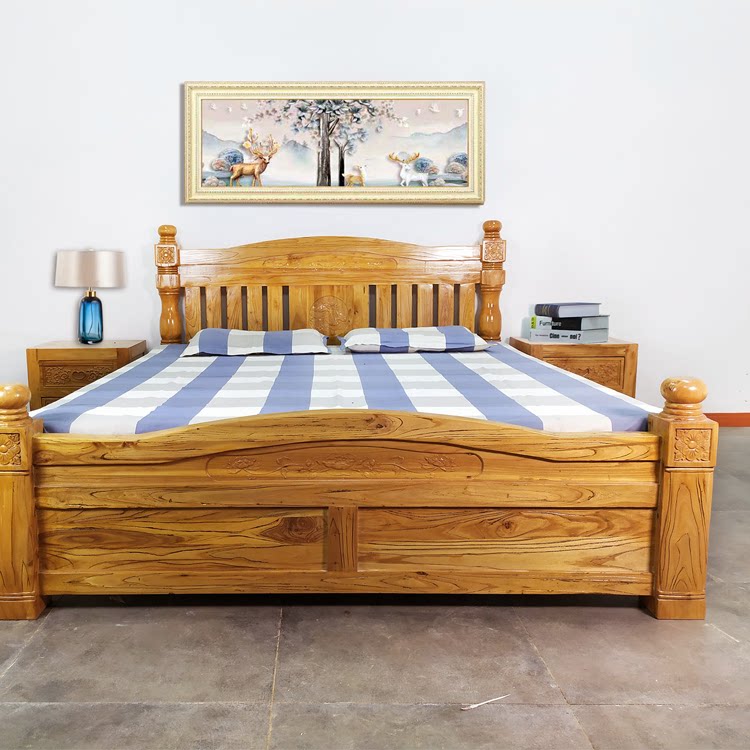 European solid wood bed Northern elm double bed Simple modern bedroom furniture carved wedding bed
