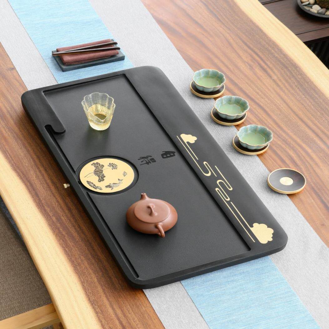 Natural black gold stone tea tray home stone tea table simple black gold stone plate fire slate tea tray tea sea Chinese style - Taobao