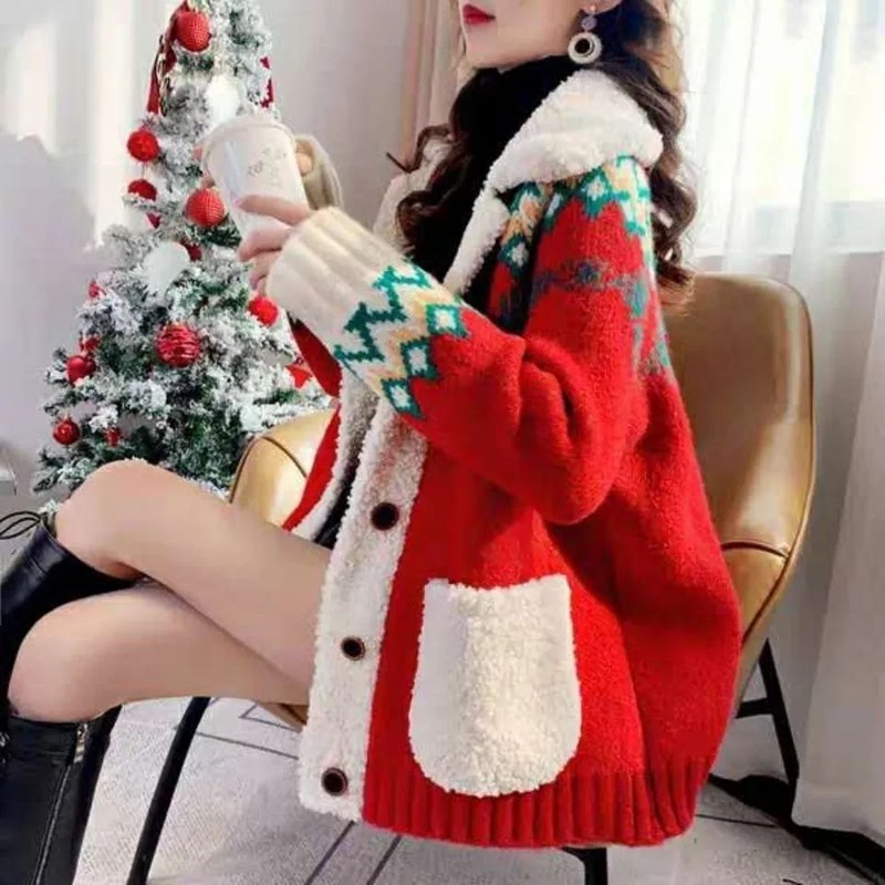 2026 New Lamb Wool Christmas Sweater Cardigan for Women, Autumn and Winter Thickened Loose Korean Style Knitted Lazy Style