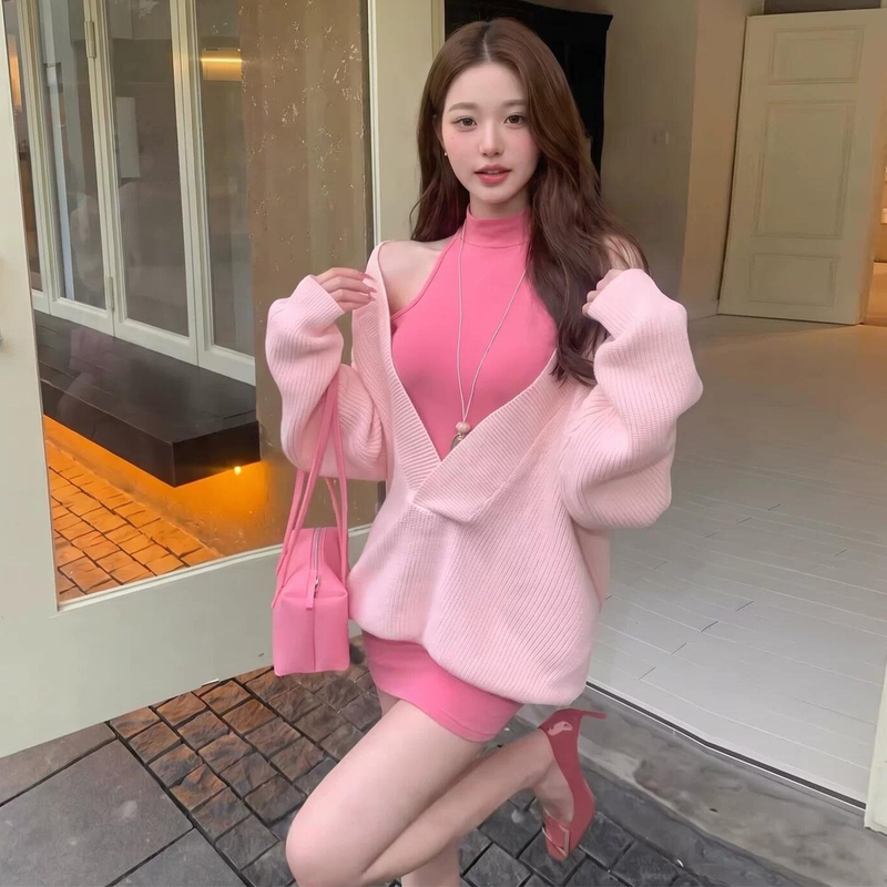 Pink Sweater Half-Turtleneck Sleeveless Vest Dress for Women, Autumn Outfit 2026 New Style Bodycon Short Skirt Set Pink Sweater Half-Turtleneck Sleeveless Vest Dress for Women, Autumn Outfit 2026 New Style Bodycon Short Skirt Set