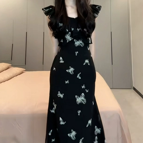 Гаечный ключ, летний черный корсет, длинная юбка, изысканный стиль, французский стиль, цветочный принт, подходит для подростков