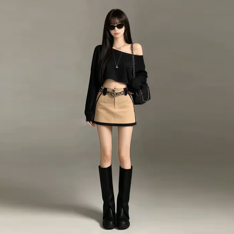 2026 New Early Autumn Off-Shoulder Top and Short Skirt Set Korean Style Complete Outfit Ootd Dress Women's Clothing