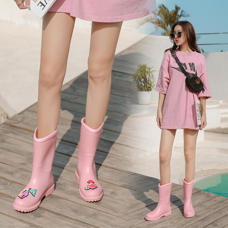 Japanese women's rain boots fashion middle and high tube waterproof non-slip overshoes adult water shoes rubber shoes cute rain boots women summer