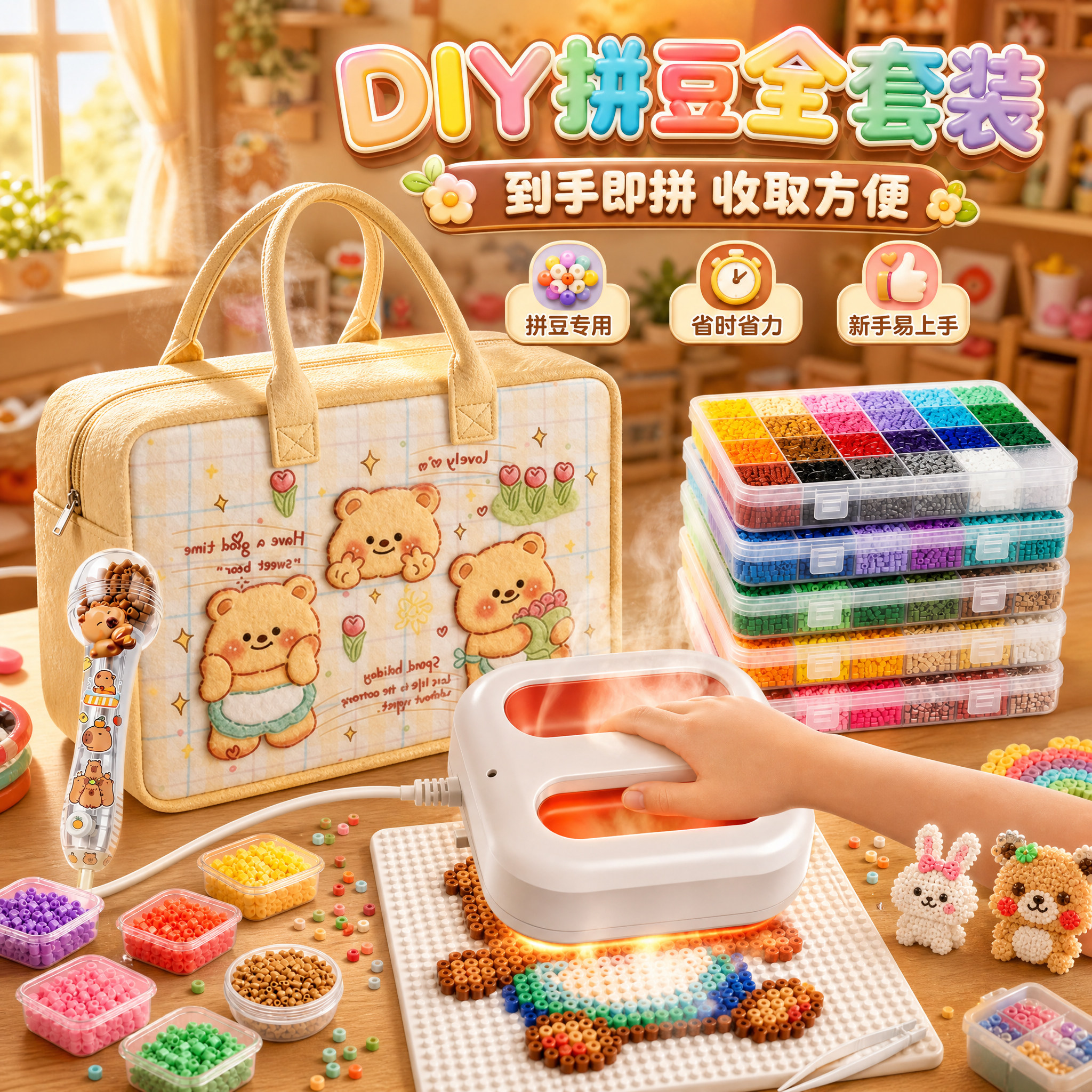 拼豆豆手工diy全套装备材料包正版无毒立体融合豆补充装带烫画机