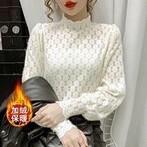 2022 autumn and winter new womens clothing plus velvet bottoming lace shirt temperament with foreign style half-high collar long-sleeved top