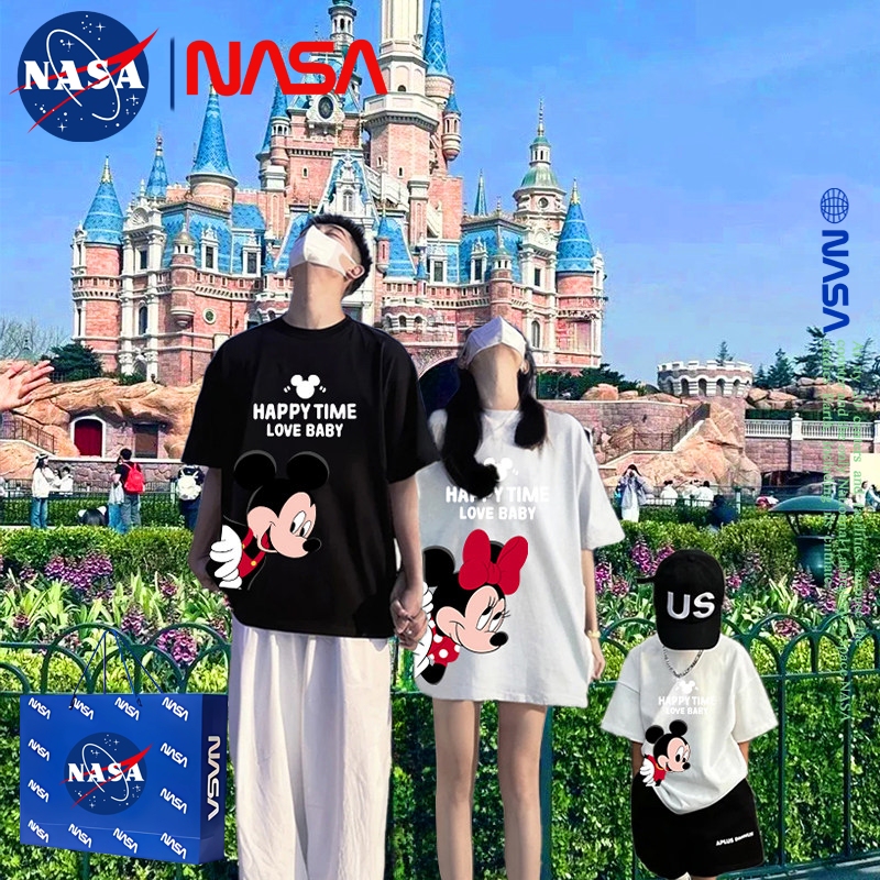 Nasa Disney Family Matching T-Shirts Short-Sleeved Summer 2026 Family of Three Mother and Son Outfits Pure Cotton Tops Mickey T-Shirt