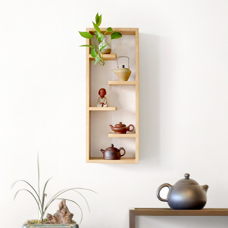 New Chinese Wall Wall Shelve Tea Room Display Shelf Teapot Collection Shelf Meditation Solid Wood Hanging Wall Partition Shelf Containing shelf