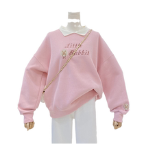 Counter removal from clearance missing goods polo collar sweatshirt for women college age-reducing rabbit embroidery loose casual top