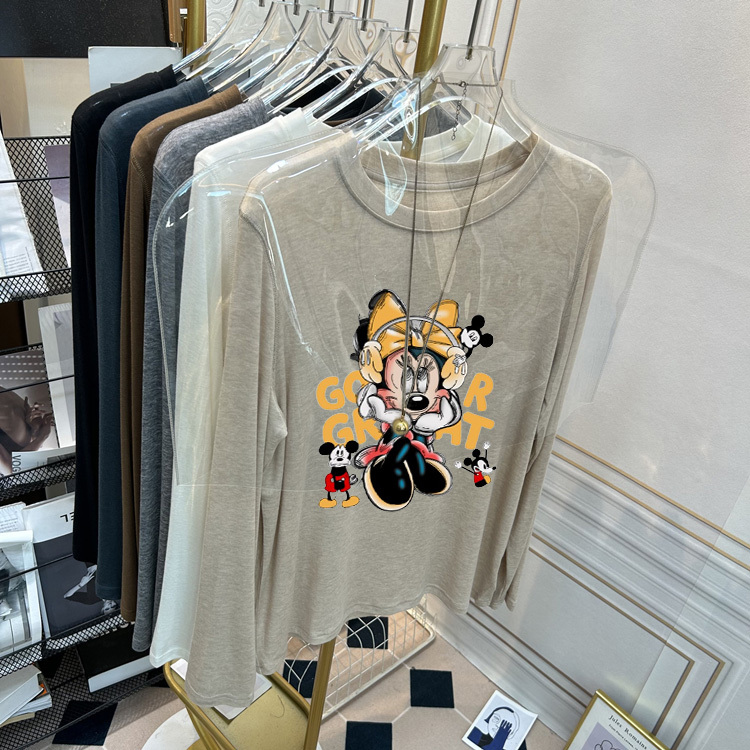 American Retro Cute Minnie Print Base Shirt, New Autumn and Winter Women's Slim-Fit Popular Round-Neck T-Shirt for Spring and Autumn