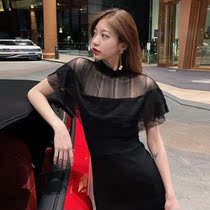 Guangzhou Qiqi wardrobe factory summer new rear split thin black dress fat sister super fairy mesh stitching