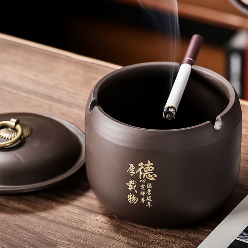 Purple Sands Cigarette Ash Tray With Lid Windproof Retro Home Living Room Swing Piece Anti-Fly Ash Seal Large Multifunction Cigarette Ashtray