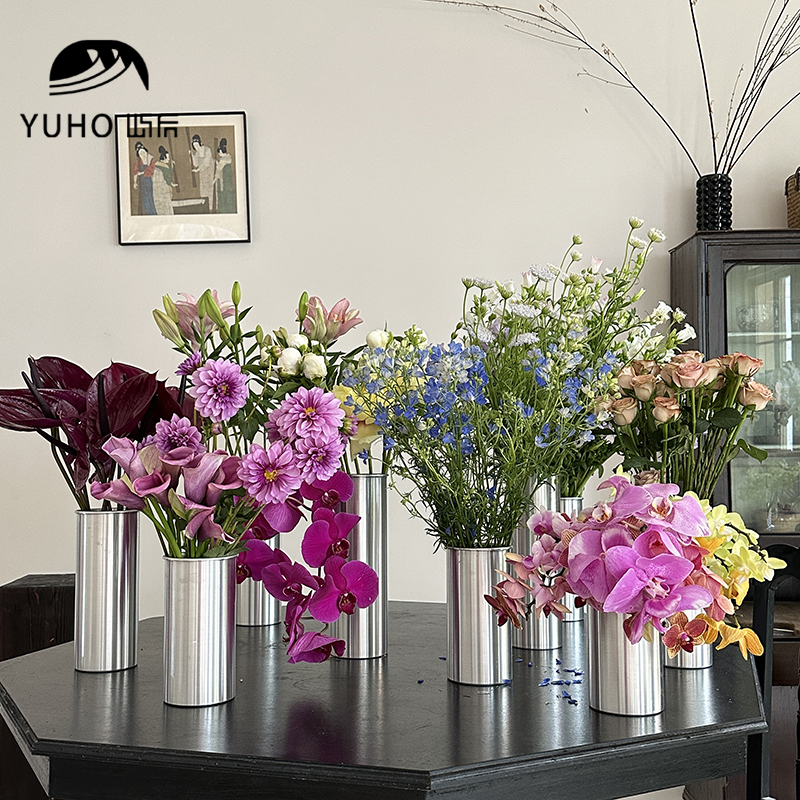 After Island Straight Drum Aluminum Barrel Flowers Raised Flowers Stainless Steel Flower Barrel Flower Shop Flower Arrangement Tabletop Vase Pendulum with floral material-Taobao