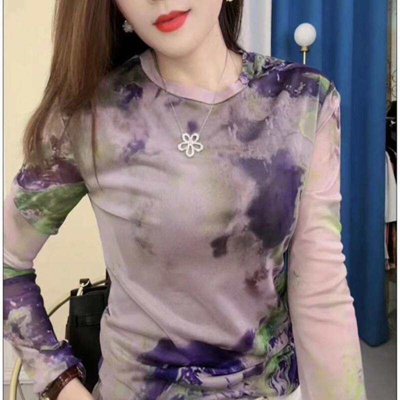 European Style Long-Sleeved Mesh Top with a High-End Feel, Tie-Dye Popular Blouse for Women, New Autumn Slim-Fit Printed T-Shirt