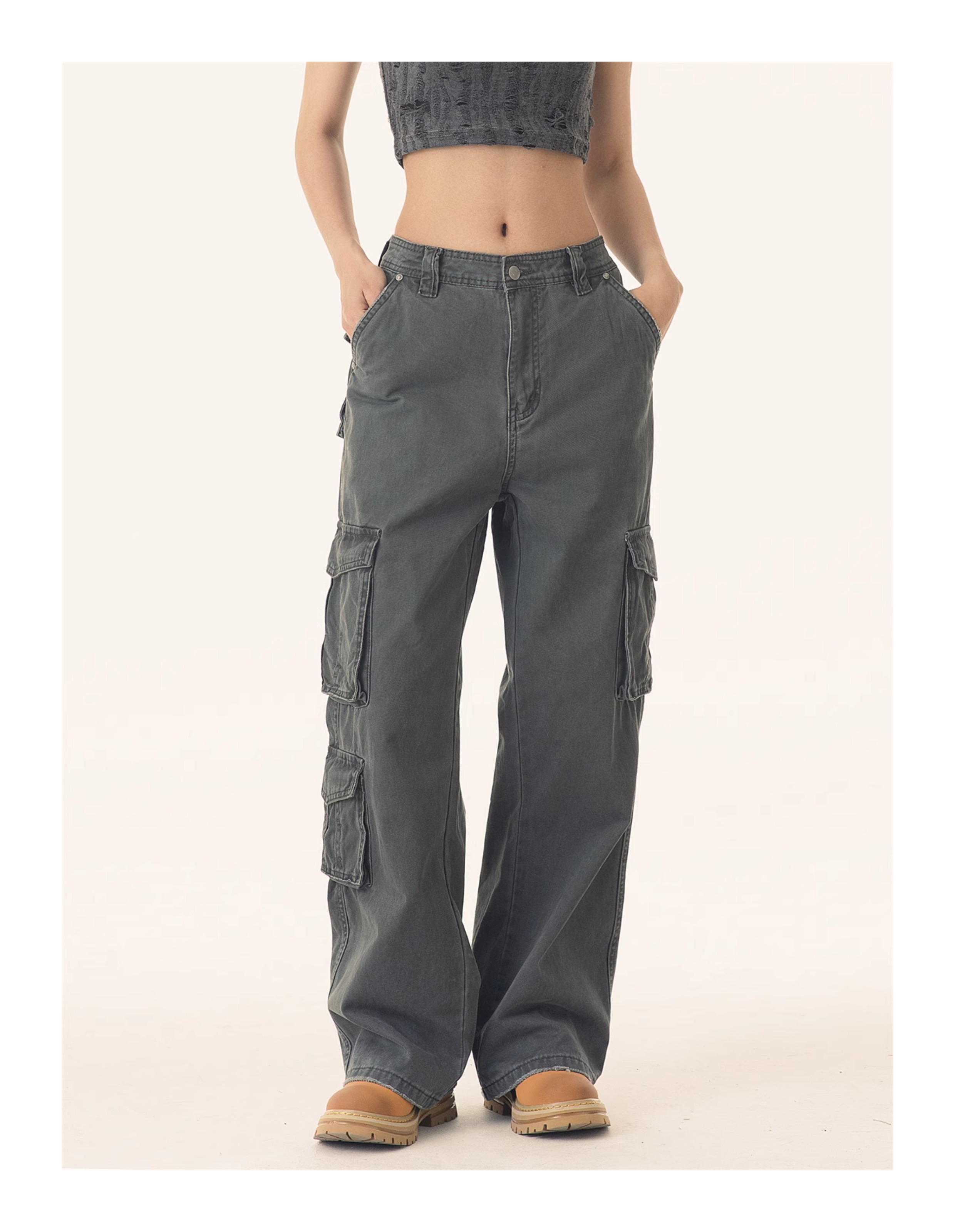 PEACEMARKET Autumn Winter Melad Washed Vintage Cargo Pants For Women Petite Tall Loose Jeans_voghion.com