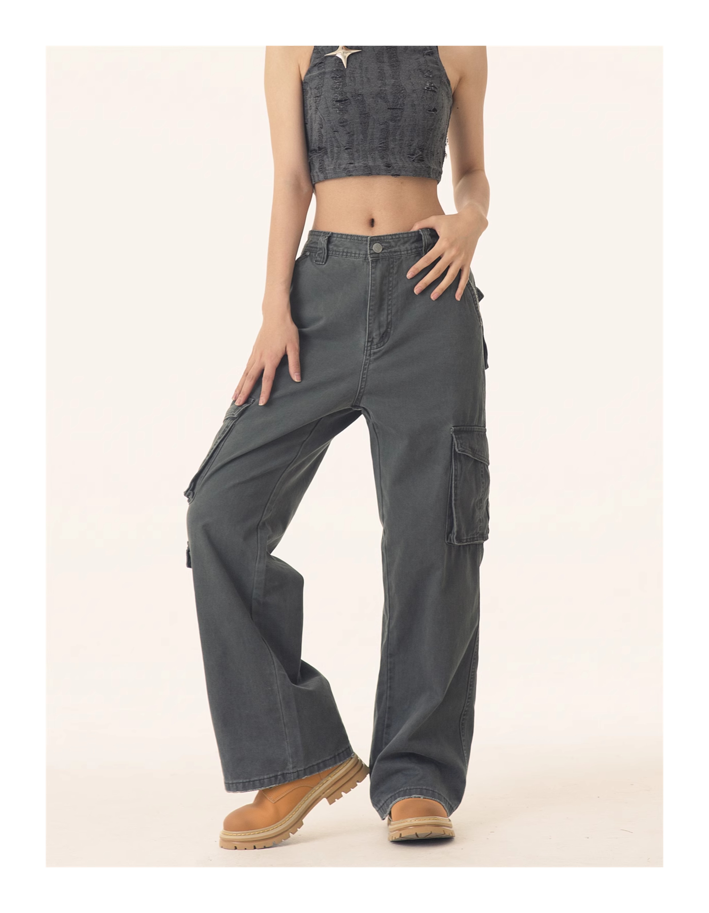 PEACEMARKET Autumn Winter Melad Washed Vintage Cargo Pants For Women Petite Tall Loose Jeans_voghion.com