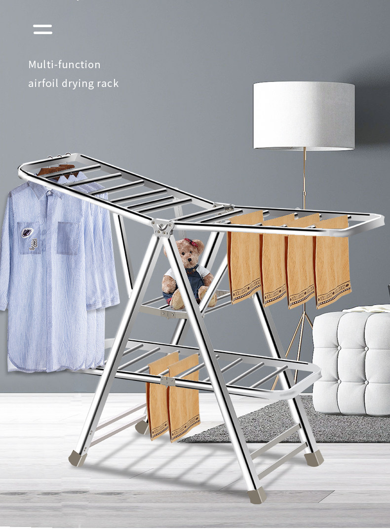 Simple clothes drying rack indoor small foldable stainless steel floor thickened and thickened clothes drying rack strong outdoor