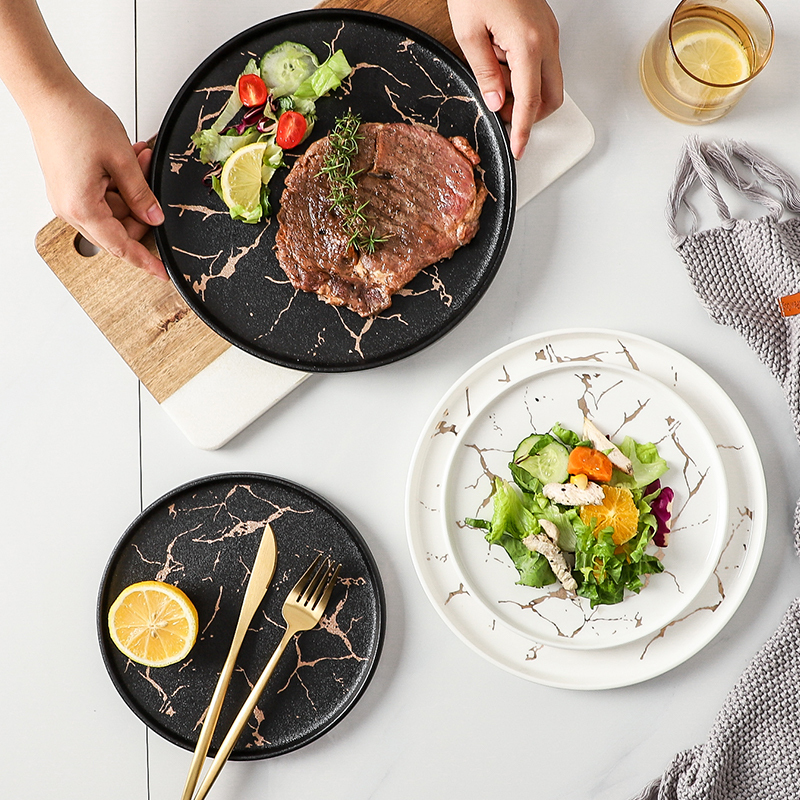 Nordic Steak Plate, Frosted Western Tableware, Ceramic Household Dish Plate, High-End Light Luxury Gold Marble Pattern Dinner Plate Nordic Steak Plate, Frosted Western Tableware, Ceramic Household Dish Plate, High-End Light Luxury Gold Marble Pattern Dinner Plate