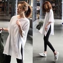 Lower coat missing long style short sleeve t-shirt female loose cover butt blouse white t open fork dress pure cotton 2022 new