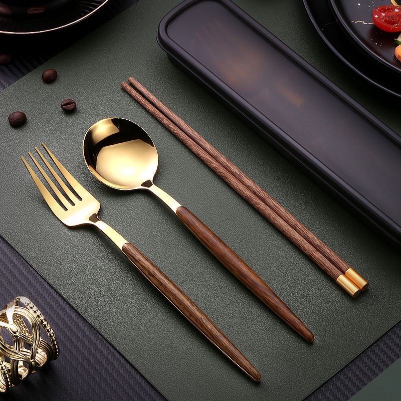 Portable chopstick spoon suit one person food tableware Three sets of stainless steel fork single student cute containing box
