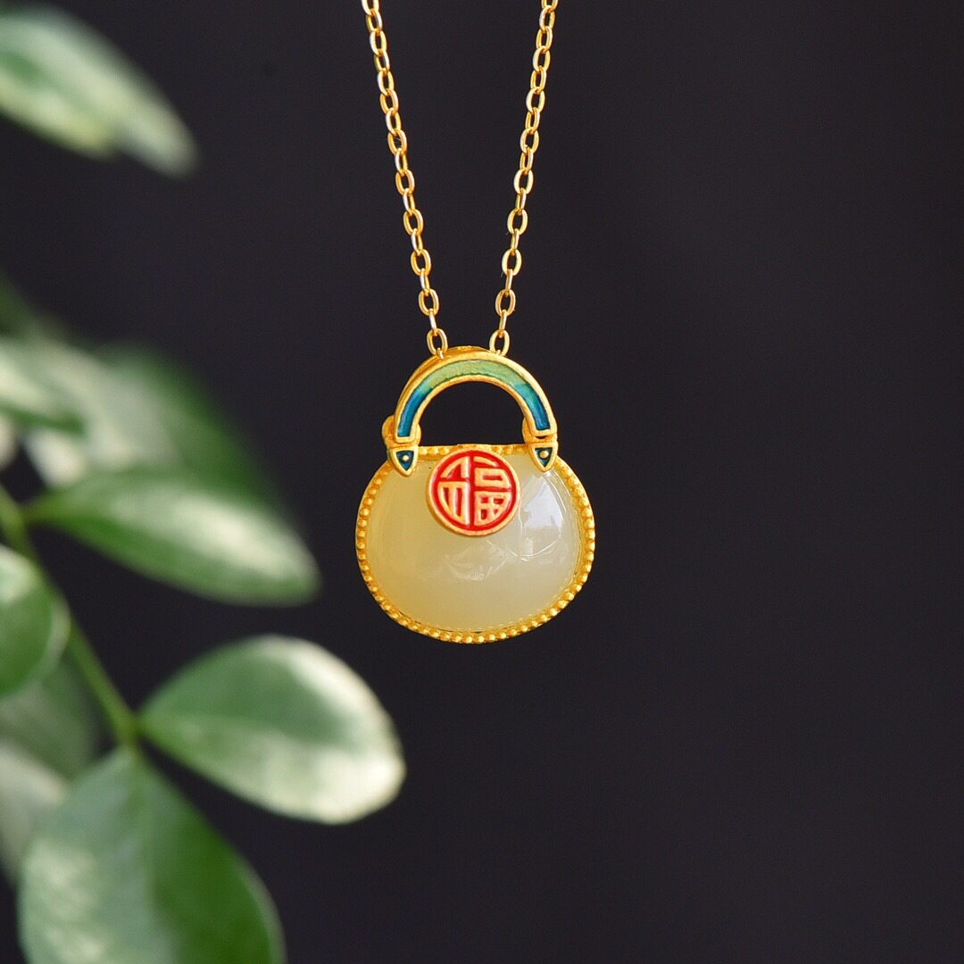 Sterling silver female S925 ancient jewelry niche design temperament collarbone necklace blessing bag elegant Hetian jade Tanabata pendant