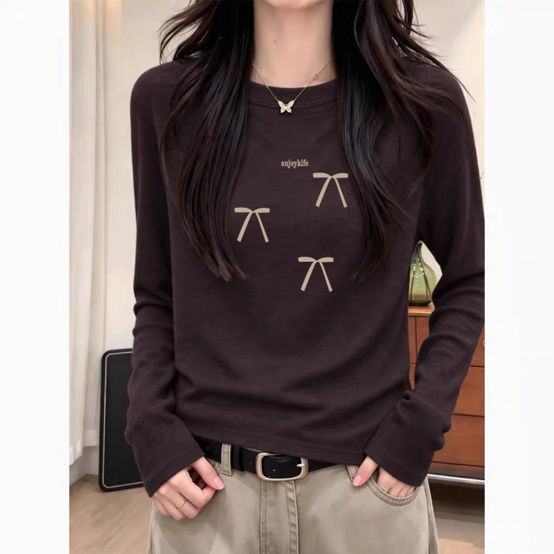 92% Cotton Coffee-Colored Regular Shoulder Long-Sleeve T-Shirt for Women, Popular Korean Style Autumn and Winter Top with a Youthful Look