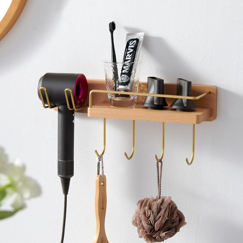 Hair dryer rack free punch log hair dryer bracket storage shelf toilet powder room wall hanging hair dryer hanger
