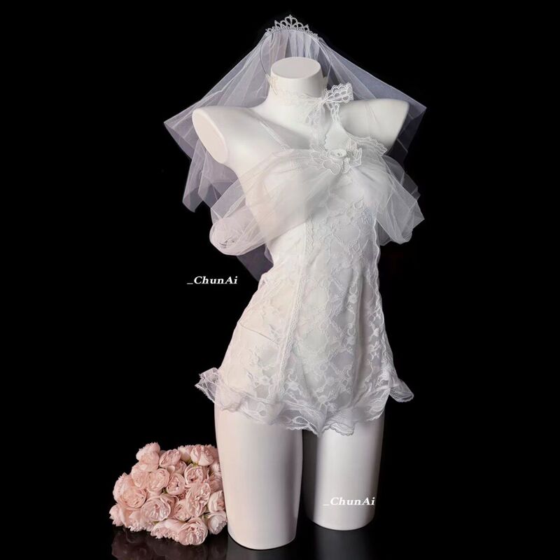"Night Bride" Sweet and Sexy Pure Desire Style Wedding Dress Two-Dimensional Cosplay Uniform Female One-Shoulder Lace Nightgown