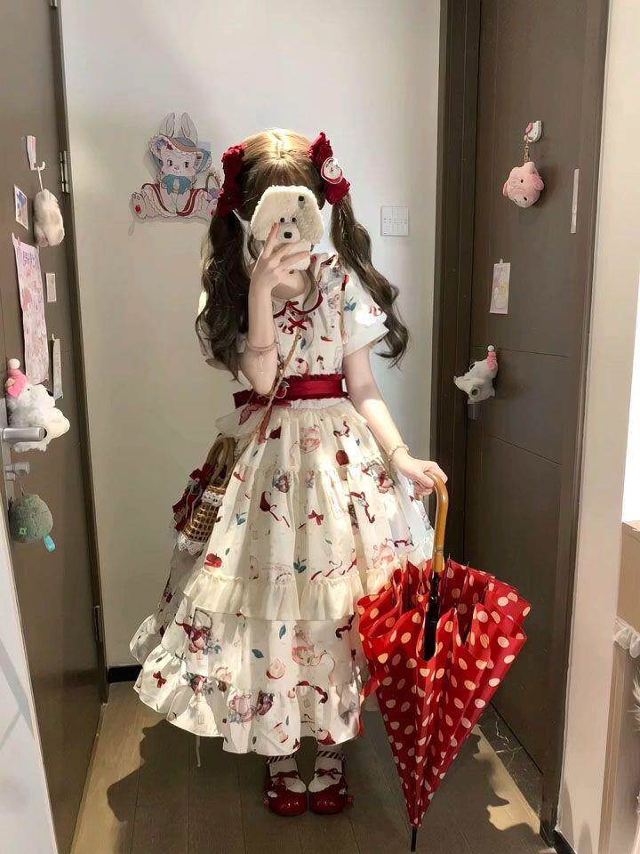 Китайцы одежда наборы 夏日甜美少女感红色lolita公主裙女娃娃领印花泡泡袖收腰中长裙子