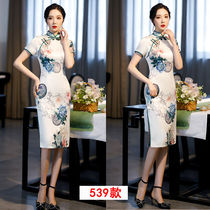 Upscale mulberry silk genuine silk qipao with dress and dress lady for old age printed and thin and elegant Chinese wind qipao skirt summer 40