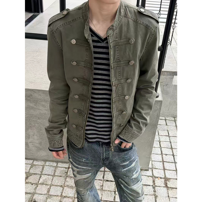 Napoleon Double-Breasted Retro Stand-Up Collar Short Denim Jacket for Men and Women, American Court Style, Cool Street Autumn Coat Napoleon Double-Breasted Retro Stand-Up Collar Short Denim Jacket for Men and Women, American Court Style, Cool Street Autumn Coat