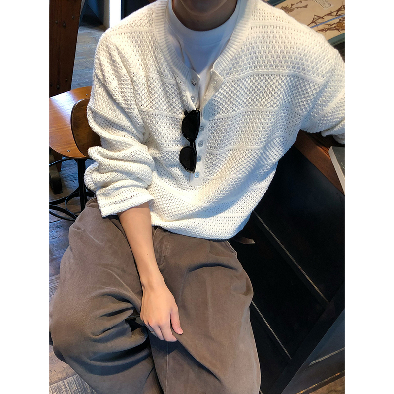Casual White V-Neck Hollow-Out Knit Sweater for Men, Autumn American Retro Loose Fit Layered High-End Button-Up Sweater