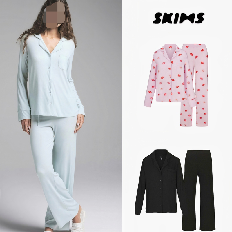 Skims Kardashian-Style Pajama Set, Pure Cotton Long-Sleeved Long-Pants Home Comfort Set, Can Be Worn Outside as Casual Wear