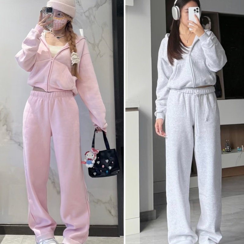 Skims Kardashian Style Women's Tracksuit Autumn and Winter New Hooded Sweatshirt Jacket Straight-Leg Pants Two-Piece Set