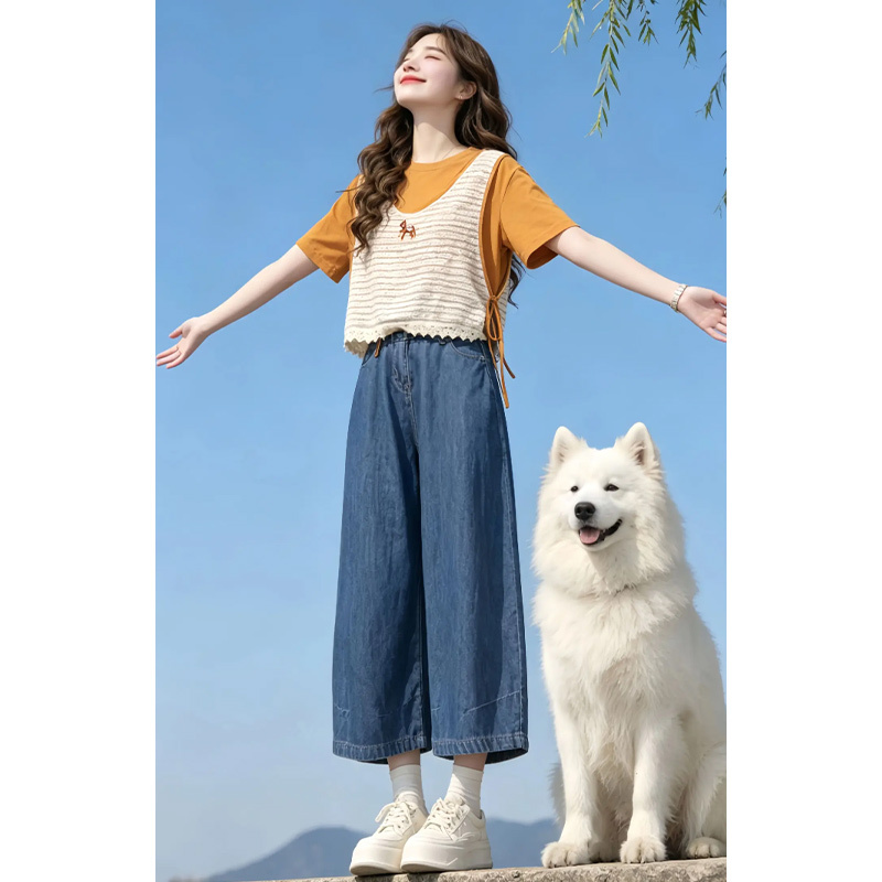 Very Beautiful Two-Piece Set 2026 Summer New Solid Color Short-Sleeved T-Shirt Knitted Vest Casual Jeans Very Beautiful Two-Piece Set 2026 Summer New Solid Color Short-Sleeved T-Shirt Knitted Vest Casual Jeans