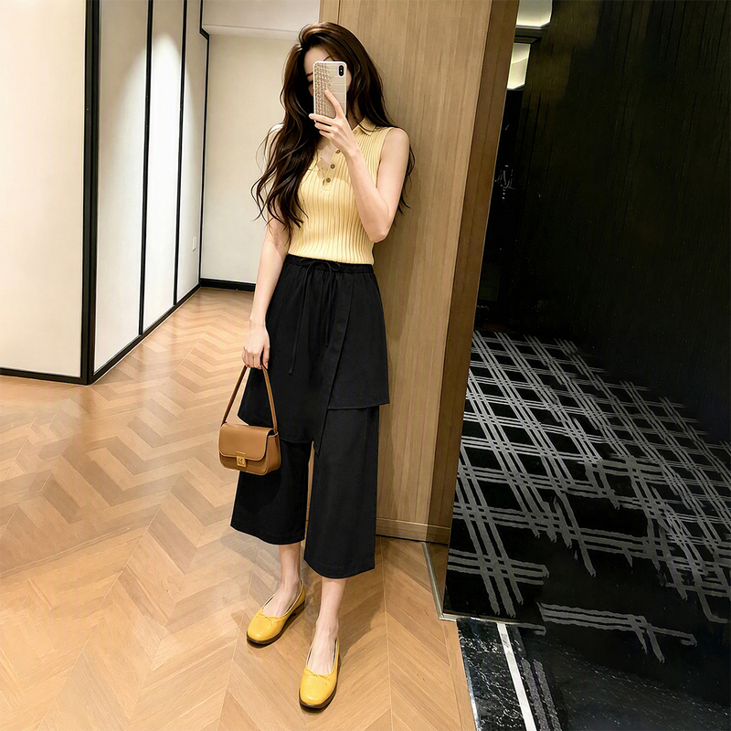 Elastic Drawstring High-Waisted Faux Two-Piece Wide-Leg Cropped Pants with Double-Layered Design, Slimming, Gentle, Versatile Casual Pants Elastic Drawstring High-Waisted Faux Two-Piece Wide-Leg Cropped Pants with Double-Layered Design, Slimming, Gentle, Versatile Casual Pants