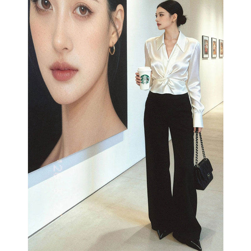 法式扭结设计白色长袖衬衫女士2026春季新款缎面洋气时尚爆款衬衣