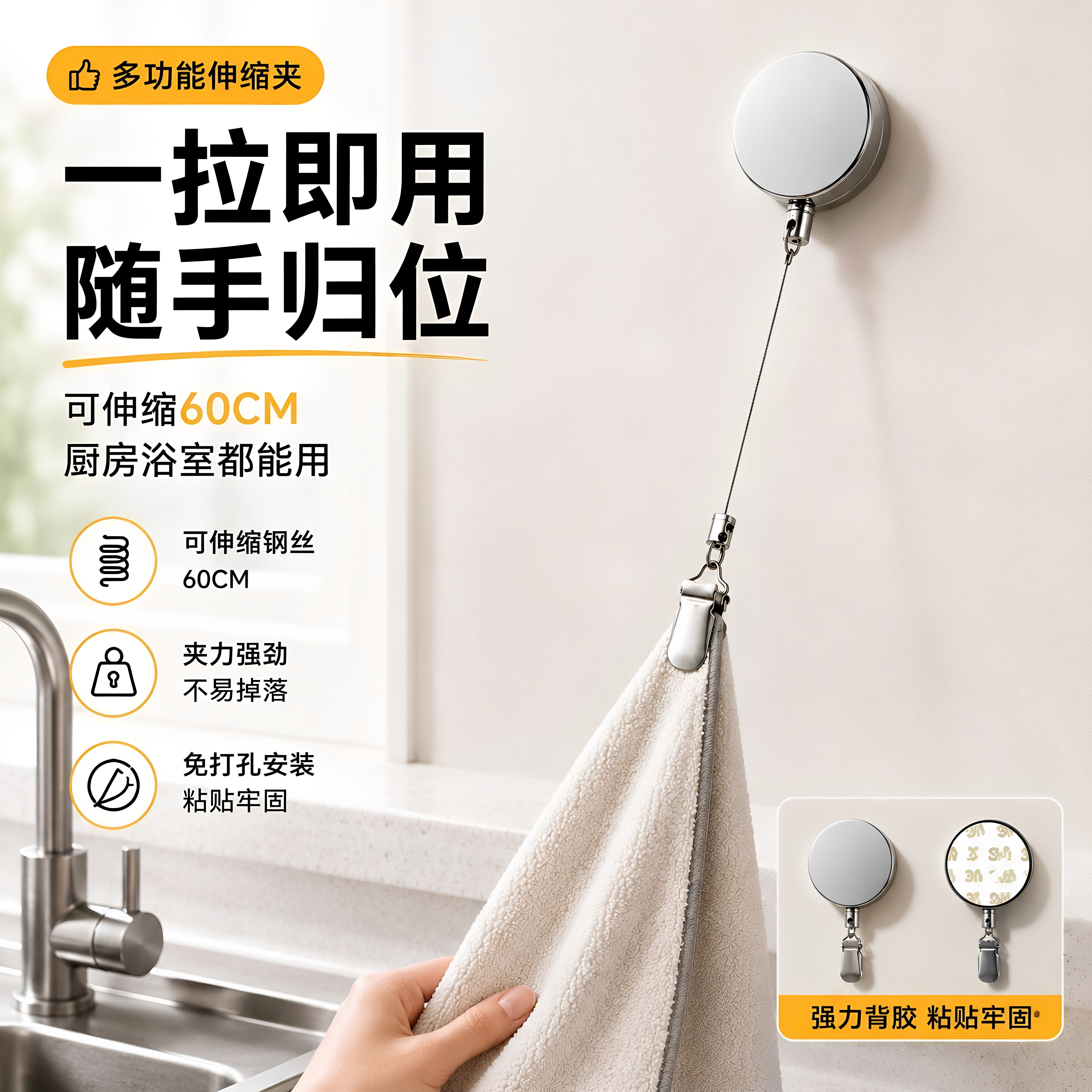 多功能伸缩毛巾夹自动回弹收缩挂钩夹免打孔擦手巾易拉绳日用套装