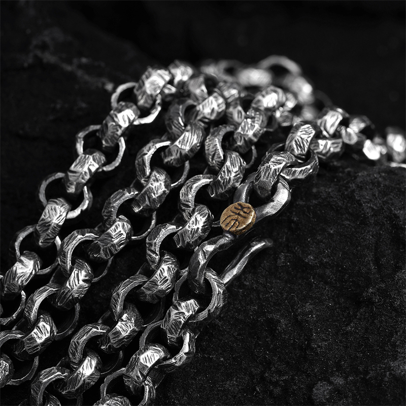 Xiran Original Handmade S925 Sterling Silver Chain Motorcycle Riding Rugged Heavy-Duty Round Ring Fortune Bead Engraved Silver Necklace for Men Xiran Original Handmade S925 Sterling Silver Chain Motorcycle Riding Rugged Heavy-Duty Round Ring Fortune Bead Engraved Silver Necklace for Men