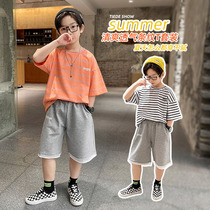 Tide brand childrens summer clothes boys summer clothes set 2021 new summer childrens Korean version of handsome foreign childrens clothing stripes