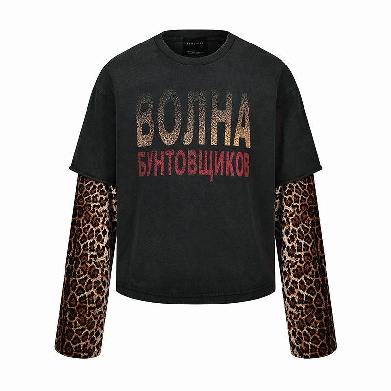Rebel Wave【Same Style as Macovaseas】Leopard Print Washed Print Fake Two-Piece Long-Sleeve Tee