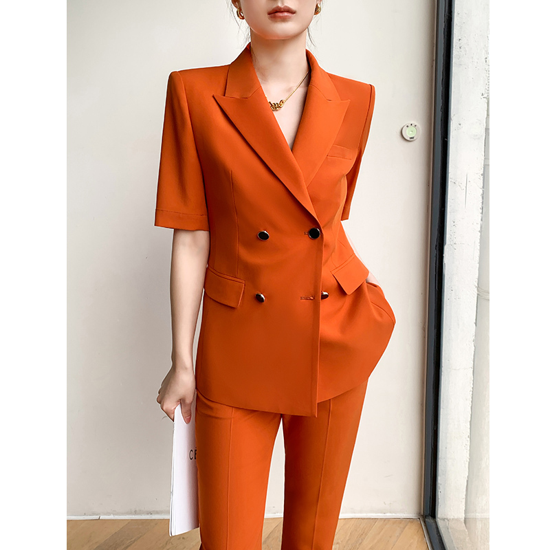 Orange Summer Suit Set for Women, Thin Short-Sleeved, High-End, Petite, Professional Cropped Pants, Casual Blazer