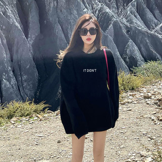 Black Sweatshirt for Women, Spring and Autumn 2024 New Popular Style, Hoodless, Round Neck, Simple Letter Print, Mid-Length, Plus Size Jacket