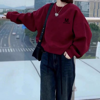 High-Waisted Short Red Sweatshirt for Women, Spring, Autumn, and Winter 2024 New Style, Loose Round Neck, Fleece-Lined and Thickened, Petite Top