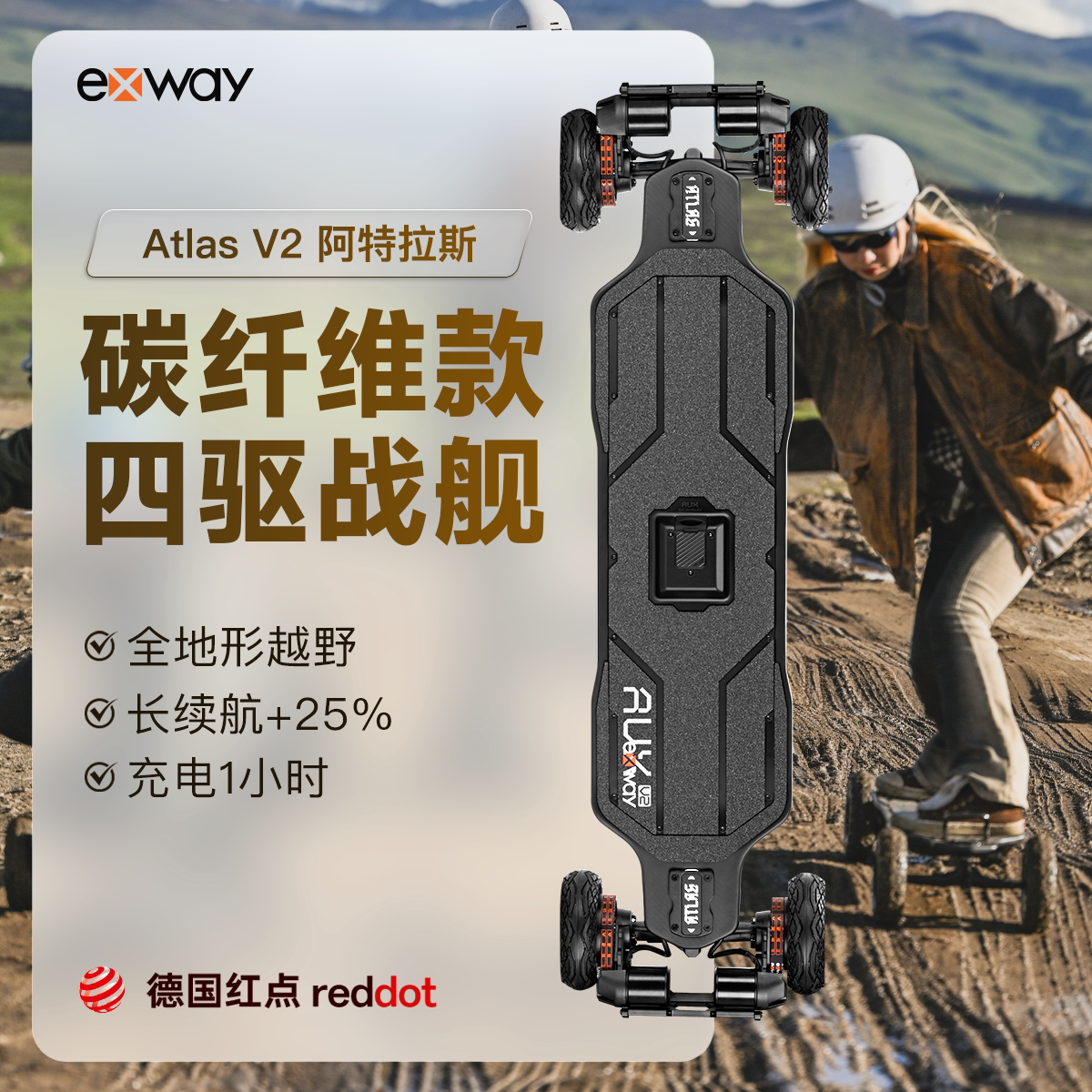 Электрический скейтборд Exway, выдерживающий 100 километров езды по пересеченной местности, полноприводный внедорожный самокат Atlas V2 mobility artifact scooter