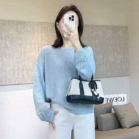 Take More Photos~ French-Style Lazy Chic Hollow Lace Patchwork Knit Sweater for Women, Long-Sleeved Blue Elegant Top