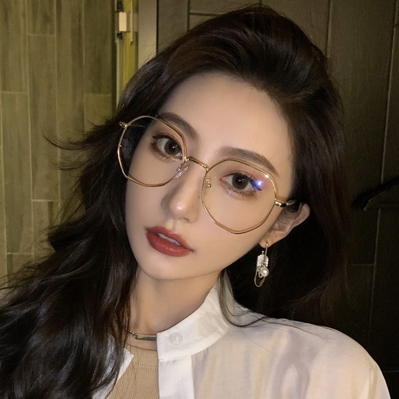 New large frame gold wire polygon Japanese glasses frame women's tide was thin flat mirror men's anti-blue light myopia prescription