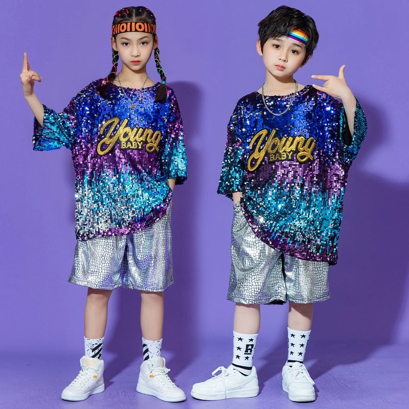 Children's performance clothes hip-hop dance drummer performance clothes children's modern dance gradient sequin performance clothes short sleeves